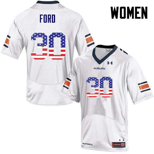 Women's Auburn Tigers #30 Dee Ford USA Flag Fashion White College Stitched Football Jersey